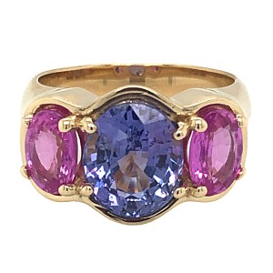 14kt Yellow Gold Oval Purple And Pink Sapphires Three-stone Ring