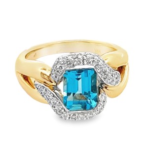 Estate 14kt Yellow Gold Blue Topaz And Diamond Bypass Ring