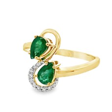 Estate 18kt Yellow Gold Pear Shaped Emerald And Diamond Bypass Ring
