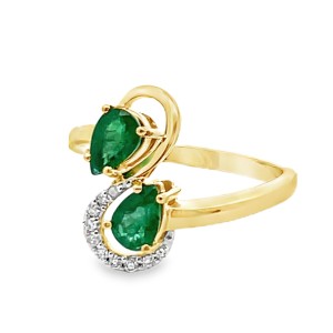 Estate 18kt Yellow Gold Pear Shaped Emerald And Diamond Bypass Ring