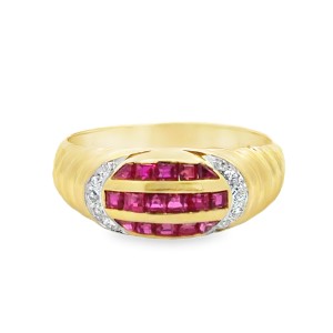 Estate 14kt Yellow Gold Ruby And Diamond Domed Band