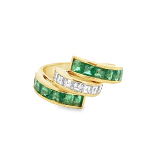 Estate 18kt Yellow Gold Emerald And Diamond Bypass Ring