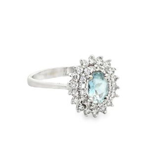 Estate 14kt White Gold Aquamarine And Diamond Halo Ring