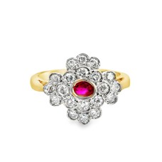 Estate 14kt Two-tone Gold Ruby And Diamond Bezel Cluster Ring