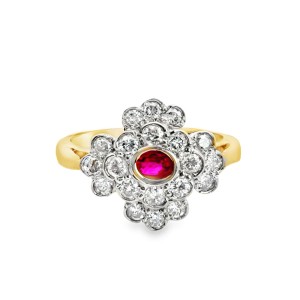 Estate 14kt Two-tone Gold Ruby And Diamond Bezel Cluster Ring