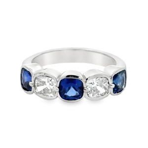 Platinum Cushion Cut Sapphire And Diamond Bezel/ Split Prong Band Ring