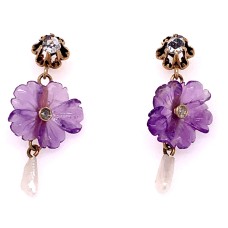 Estate 14kt Yellow Gold Victorian Style Carved Amethyst, Pearl, And Diamond Flower Dangle Earrings