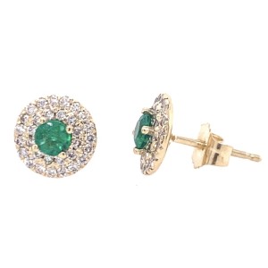 14kt Yellow Gold Emerald And Diamond Halo Earrings
