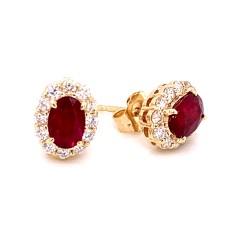 14kt Yellow Gold Oval Ruby And Diamond Halo Stud Earrings