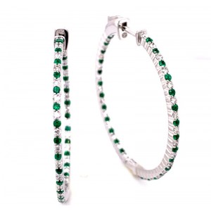 14kt White Gold Medium Emerald And Diamond  Hoop Earrings