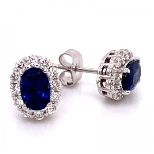 14kt White Gold Oval Sapphire And Diamond Halo Stud Earrings