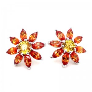 14kt White Gold Orange And Yellow Sapphire "sunflower" Earrings