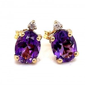 Estate 14kt Yellow Gold Amethyst And Diamond Stud Earrings