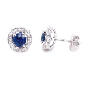 14kt White Gold Sapphire And Diamond Halo Earrings