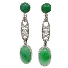 Estate Art Deco Inspired Hand Fabricated Platinum, Jadeite, And Diamond Earrings