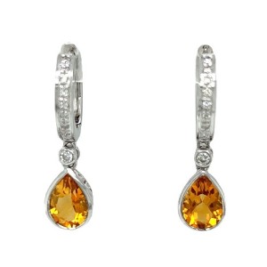 Estate 18kt White Gold Diamond And Citrine Drop Earrings