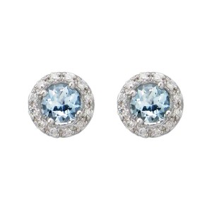 14K White Gold Blue Topaz And Diamond Halo Stud Earrings