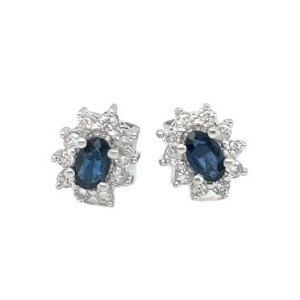 Estate 14kt White Gold Oval Diamond And Sapphire Halo Stud Earrings