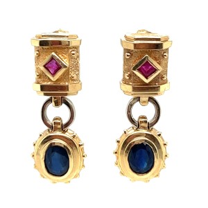 Estate Etruscan Revival 14kt Yellow Gold Sapphire And Ruby Earrings