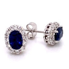 14kt White Gold Oval Sapphire And Diamond Halo Stud Earrings