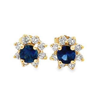 Estate 14kt Yellow Gold Sapphire And Diamond Cluster Stud Earrings