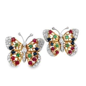 Estate 14kt Yellow Gold Diamond, Emerald, Ruby, And Sapphire Butterfly Earrings