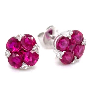 18kt White Gold Ruby And Diamond Cluster Earrings