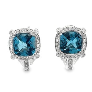 Estate 14kt White Gold Checkerboard Blue Topaz And Diamond Earrings