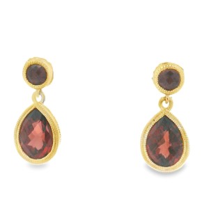 14kt Yellow Gold Pear And Round Garnet Dangle Earrings