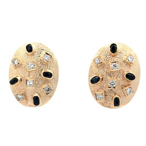 Estate 14kt Yellow Gold Sapphire And Diamond Textured Oval Earrings