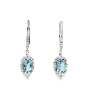 14kt White Gold Aquamarine And Diamond Halo Dangle Earrings