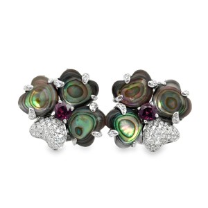 Estate Bellari 14kt White Gold Abalone, Rhodolite & Diamond Earclip Earrings