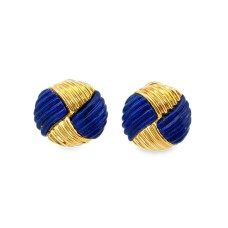 Estate 18kt Yellow Gold Carved Lapis Button Earrings