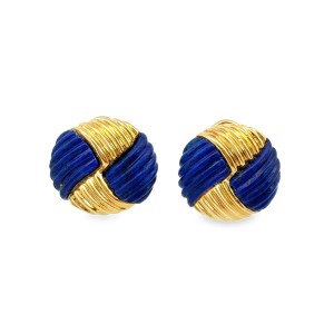 Estate 18kt Yellow Gold Carved Lapis Button Earrings