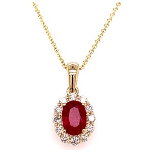 14kt Yellow Gold Oval Ruby And Diamond Halo Pendant Necklace