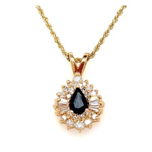 Estate 14kt Yellow Gold Blue Sapphire And Diamond Pendant Necklace