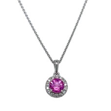 14kt White Gold Pink Sapphire And Diamond Halo Pendant Necklace