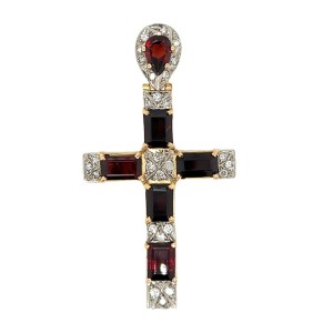 Estate 18kt Yellow Gold Garnet And Diamond Cross Pendant