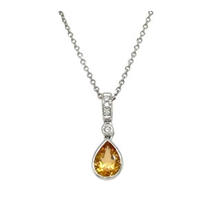 Estate 18kt White Gold Citrine And Diamond Drop Pendant Necklace