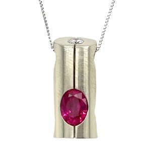 Estate Hand Fabricated 18kt White Gold Ruby And Diamond Modern Pendant