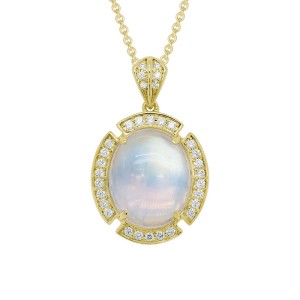 14kt Yellow Gold Moonstone And Diamond Halo Pendant Necklace