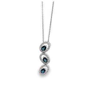 Estate 14kt White Gold Oval Sapphire And Diamond Three Stone Drop Pendant