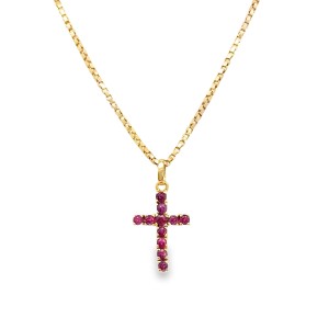 Estate 14kt Yellow Gold Ruby Cross Pendant Necklace