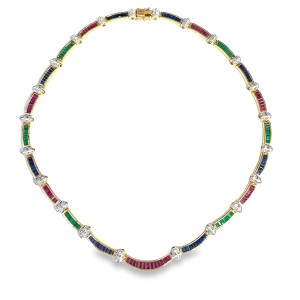 Estate 18kt Yellow Gold Sapphire, Ruby, Emerald And Diamond Necklace