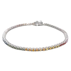 14kt White Gold Multi Color Sapphire Skinny Tennis Style Bracelet
