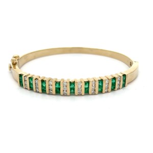 Estate 14kt Yellow Gold Emerald And Diamond Bangle Bracelet
