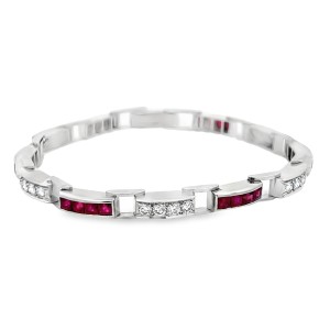 Estate Mid-Century Platinum Ruby And Diamond Bar Link Bracelet