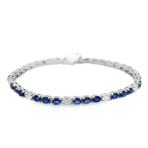 14kt White Gold Oval  Sapphire And Diamond Straight-line Bracelet