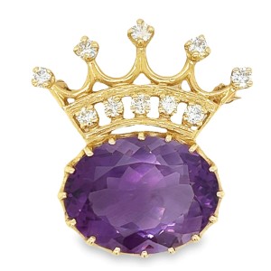 Estate 14kt Yellow Gold Amethyst And Diamond Crown Brooch/ Pendant