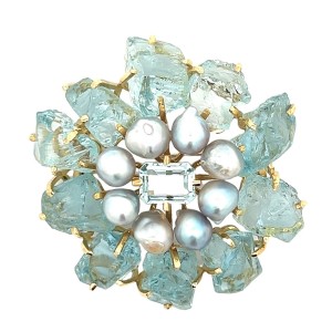 Estate Mid-Century Hand Fabricated 18kt Yellow Gold Aquamarine And Pearl Brooch